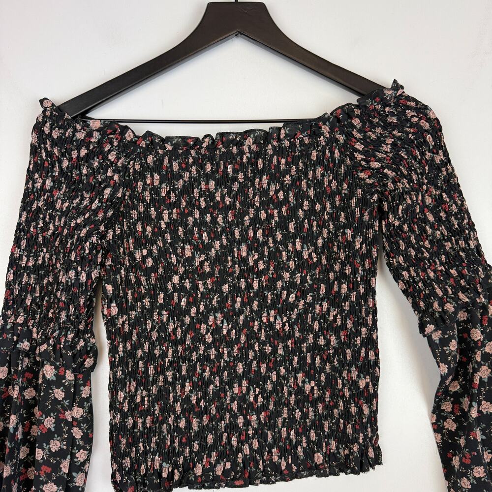 NWT Missguided Shirred Bardot Top Floral Off Shoulder LS Black - Size 6 US - Picture 8 of 10
